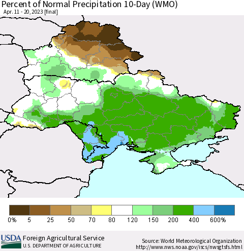 Ukraine, Moldova and Belarus Percent of Normal Precipitation 10-Day (WMO) Thematic Map For 4/11/2023 - 4/20/2023