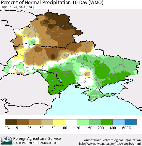 Ukraine, Moldova and Belarus Percent of Normal Precipitation 10-Day (WMO) Thematic Map For 4/16/2023 - 4/25/2023