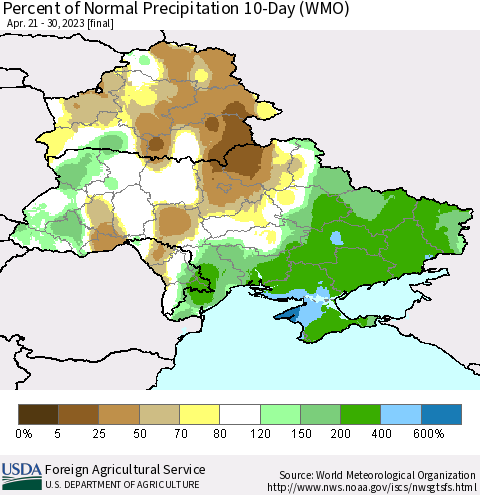 Ukraine, Moldova and Belarus Percent of Normal Precipitation 10-Day (WMO) Thematic Map For 4/21/2023 - 4/30/2023