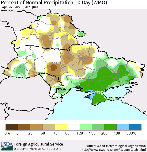 Ukraine, Moldova and Belarus Percent of Normal Precipitation 10-Day (WMO) Thematic Map For 4/26/2023 - 5/5/2023