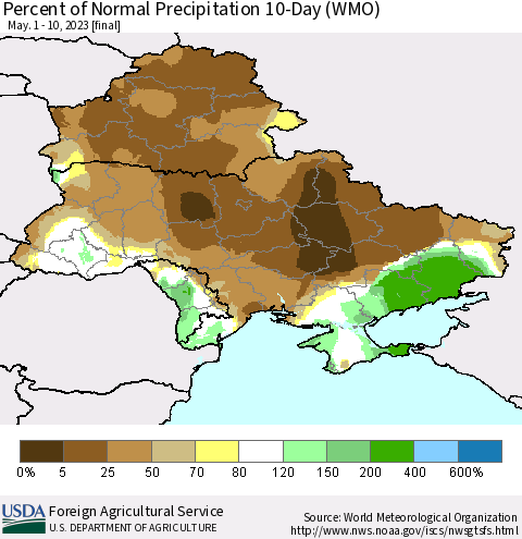 Ukraine, Moldova and Belarus Percent of Normal Precipitation 10-Day (WMO) Thematic Map For 5/1/2023 - 5/10/2023