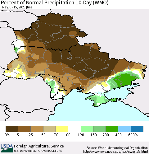 Ukraine, Moldova and Belarus Percent of Normal Precipitation 10-Day (WMO) Thematic Map For 5/6/2023 - 5/15/2023
