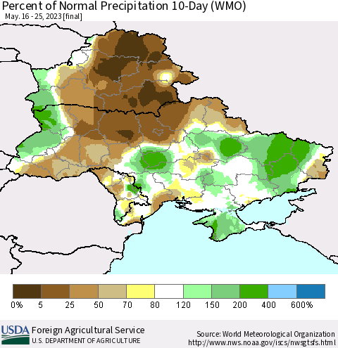 Ukraine, Moldova and Belarus Percent of Normal Precipitation 10-Day (WMO) Thematic Map For 5/16/2023 - 5/25/2023