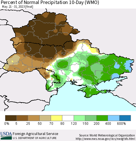 Ukraine, Moldova and Belarus Percent of Normal Precipitation 10-Day (WMO) Thematic Map For 5/21/2023 - 5/31/2023