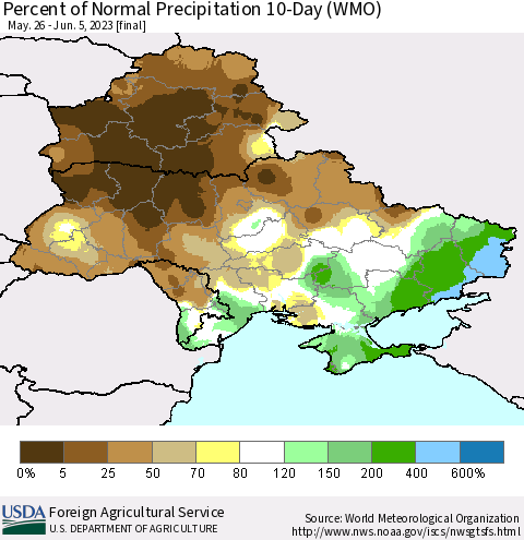 Ukraine, Moldova and Belarus Percent of Normal Precipitation 10-Day (WMO) Thematic Map For 5/26/2023 - 6/5/2023