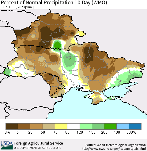 Ukraine, Moldova and Belarus Percent of Normal Precipitation 10-Day (WMO) Thematic Map For 6/1/2023 - 6/10/2023