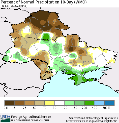 Ukraine, Moldova and Belarus Percent of Normal Precipitation 10-Day (WMO) Thematic Map For 6/6/2023 - 6/15/2023