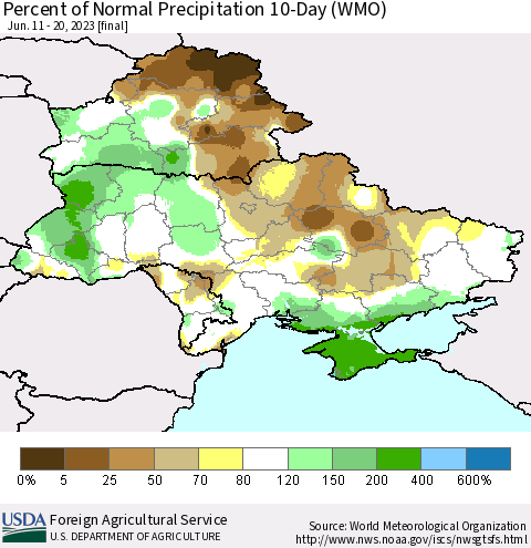 Ukraine, Moldova and Belarus Percent of Normal Precipitation 10-Day (WMO) Thematic Map For 6/11/2023 - 6/20/2023