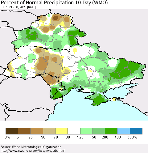 Ukraine, Moldova and Belarus Percent of Normal Precipitation 10-Day (WMO) Thematic Map For 6/21/2023 - 6/30/2023