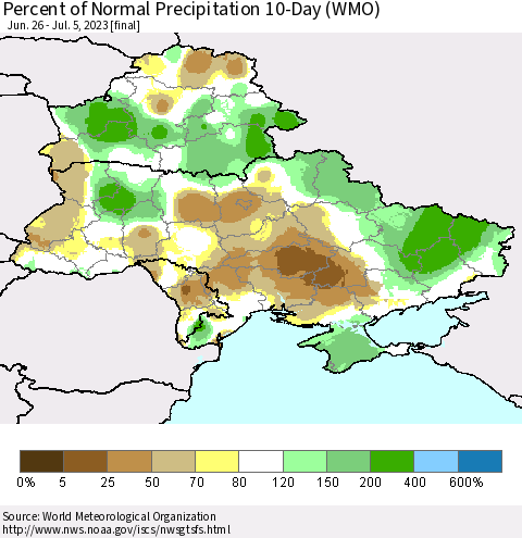 Ukraine, Moldova and Belarus Percent of Normal Precipitation 10-Day (WMO) Thematic Map For 6/26/2023 - 7/5/2023