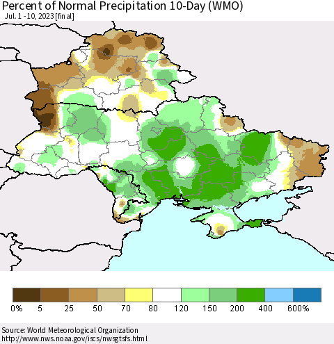 Ukraine, Moldova and Belarus Percent of Normal Precipitation 10-Day (WMO) Thematic Map For 7/1/2023 - 7/10/2023