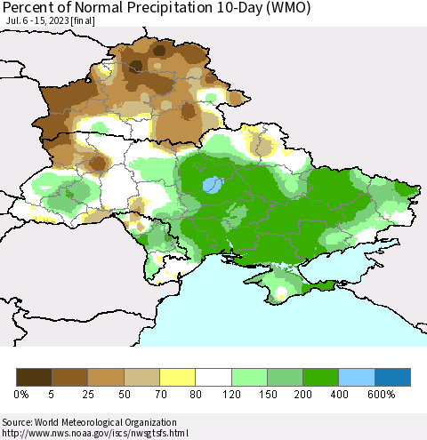 Ukraine, Moldova and Belarus Percent of Normal Precipitation 10-Day (WMO) Thematic Map For 7/6/2023 - 7/15/2023