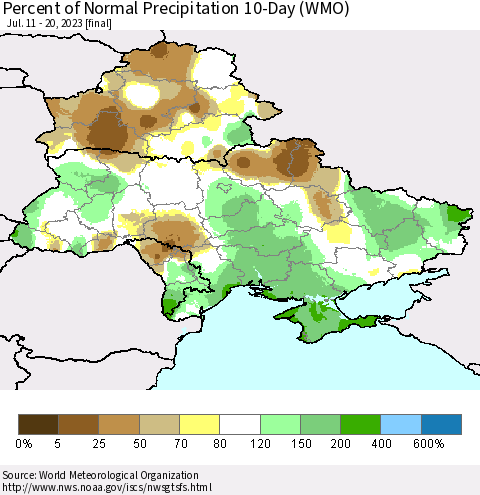 Ukraine, Moldova and Belarus Percent of Normal Precipitation 10-Day (WMO) Thematic Map For 7/11/2023 - 7/20/2023