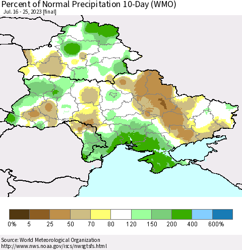 Ukraine, Moldova and Belarus Percent of Normal Precipitation 10-Day (WMO) Thematic Map For 7/16/2023 - 7/25/2023