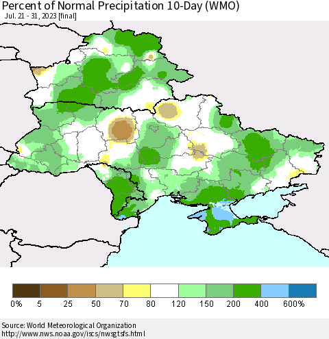 Ukraine, Moldova and Belarus Percent of Normal Precipitation 10-Day (WMO) Thematic Map For 7/21/2023 - 7/31/2023