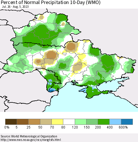 Ukraine, Moldova and Belarus Percent of Normal Precipitation 10-Day (WMO) Thematic Map For 7/26/2023 - 8/5/2023