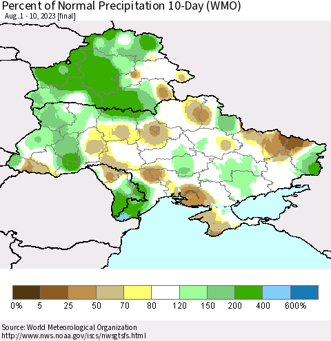 Ukraine, Moldova and Belarus Percent of Normal Precipitation 10-Day (WMO) Thematic Map For 8/1/2023 - 8/10/2023