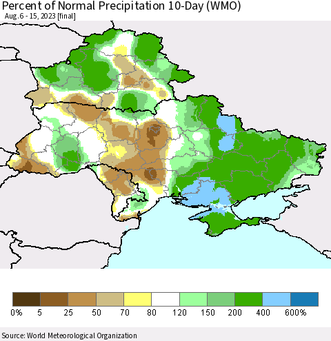 Ukraine, Moldova and Belarus Percent of Normal Precipitation 10-Day (WMO) Thematic Map For 8/6/2023 - 8/15/2023