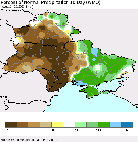 Ukraine, Moldova and Belarus Percent of Normal Precipitation 10-Day (WMO) Thematic Map For 8/11/2023 - 8/20/2023