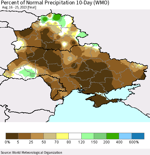 Ukraine, Moldova and Belarus Percent of Normal Precipitation 10-Day (WMO) Thematic Map For 8/16/2023 - 8/25/2023