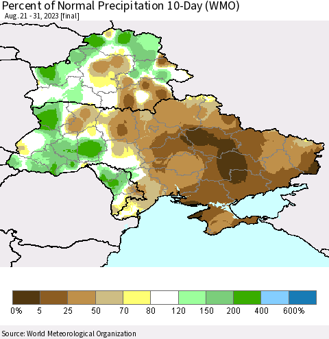 Ukraine, Moldova and Belarus Percent of Normal Precipitation 10-Day (WMO) Thematic Map For 8/21/2023 - 8/31/2023