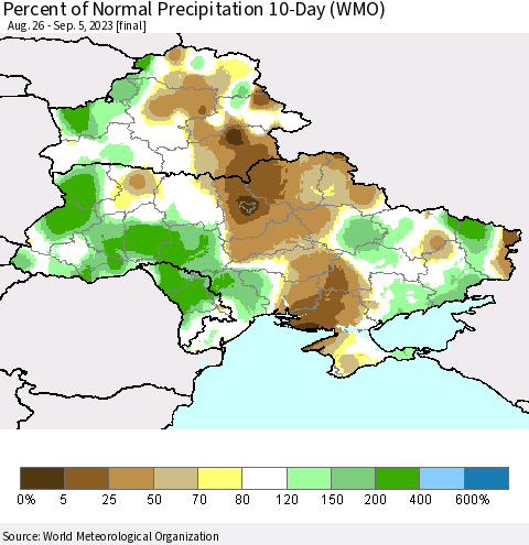 Ukraine, Moldova and Belarus Percent of Normal Precipitation 10-Day (WMO) Thematic Map For 8/26/2023 - 9/5/2023