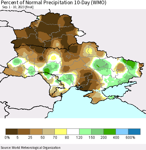 Ukraine, Moldova and Belarus Percent of Normal Precipitation 10-Day (WMO) Thematic Map For 9/1/2023 - 9/10/2023