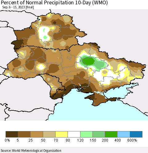 Ukraine, Moldova and Belarus Percent of Normal Precipitation 10-Day (WMO) Thematic Map For 9/6/2023 - 9/15/2023