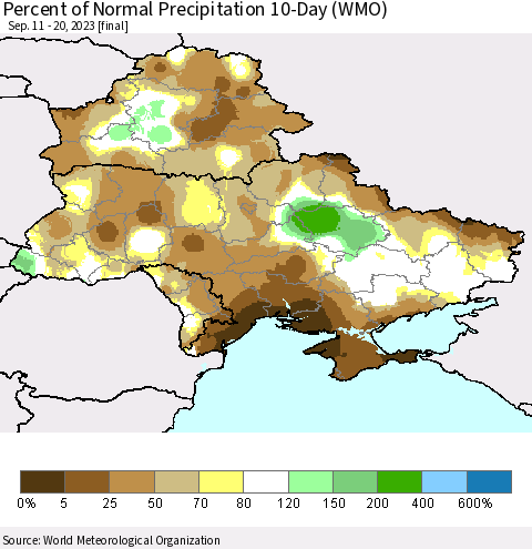 Ukraine, Moldova and Belarus Percent of Normal Precipitation 10-Day (WMO) Thematic Map For 9/11/2023 - 9/20/2023