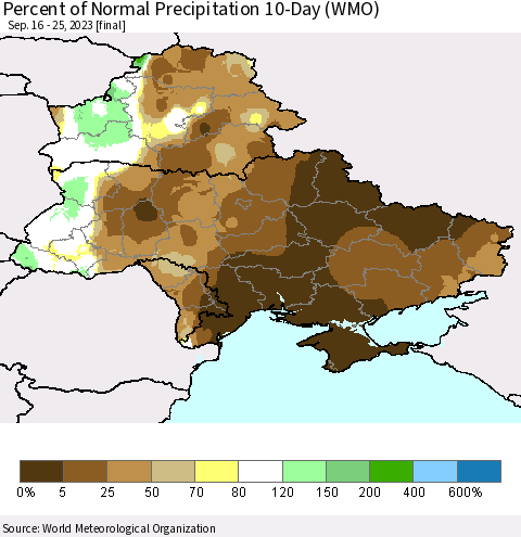 Ukraine, Moldova and Belarus Percent of Normal Precipitation 10-Day (WMO) Thematic Map For 9/16/2023 - 9/25/2023