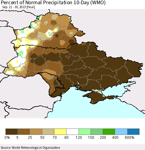 Ukraine, Moldova and Belarus Percent of Normal Precipitation 10-Day (WMO) Thematic Map For 9/21/2023 - 9/30/2023