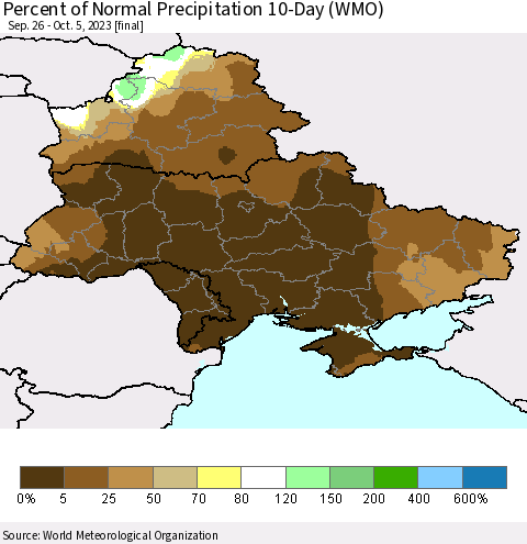 Ukraine, Moldova and Belarus Percent of Normal Precipitation 10-Day (WMO) Thematic Map For 9/26/2023 - 10/5/2023