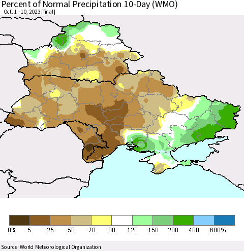 Ukraine, Moldova and Belarus Percent of Normal Precipitation 10-Day (WMO) Thematic Map For 10/1/2023 - 10/10/2023