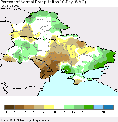 Ukraine, Moldova and Belarus Percent of Normal Precipitation 10-Day (WMO) Thematic Map For 10/6/2023 - 10/15/2023