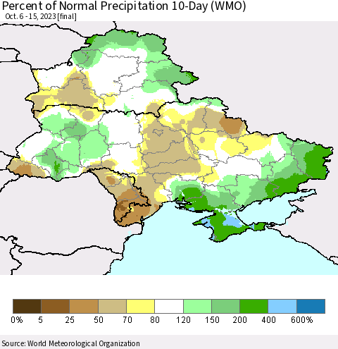 Ukraine, Moldova and Belarus Percent of Normal Precipitation 10-Day (WMO) Thematic Map For 10/6/2023 - 10/15/2023