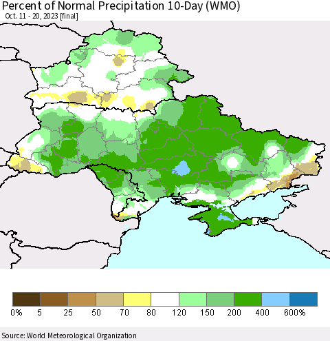Ukraine, Moldova and Belarus Percent of Normal Precipitation 10-Day (WMO) Thematic Map For 10/11/2023 - 10/20/2023