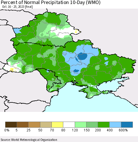 Ukraine, Moldova and Belarus Percent of Normal Precipitation 10-Day (WMO) Thematic Map For 10/16/2023 - 10/25/2023