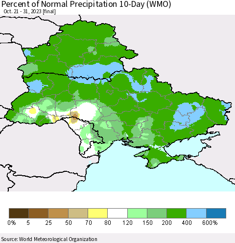Ukraine, Moldova and Belarus Percent of Normal Precipitation 10-Day (WMO) Thematic Map For 10/21/2023 - 10/31/2023