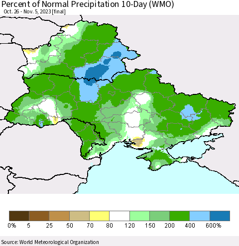 Ukraine, Moldova and Belarus Percent of Normal Precipitation 10-Day (WMO) Thematic Map For 10/26/2023 - 11/5/2023