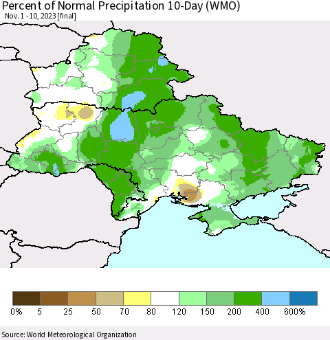 Ukraine, Moldova and Belarus Percent of Normal Precipitation 10-Day (WMO) Thematic Map For 11/1/2023 - 11/10/2023