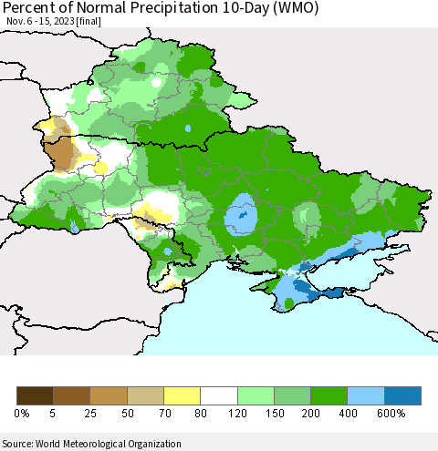 Ukraine, Moldova and Belarus Percent of Normal Precipitation 10-Day (WMO) Thematic Map For 11/6/2023 - 11/15/2023