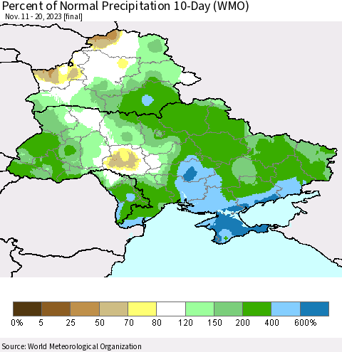 Ukraine, Moldova and Belarus Percent of Normal Precipitation 10-Day (WMO) Thematic Map For 11/11/2023 - 11/20/2023