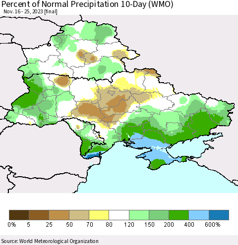 Ukraine, Moldova and Belarus Percent of Normal Precipitation 10-Day (WMO) Thematic Map For 11/16/2023 - 11/25/2023