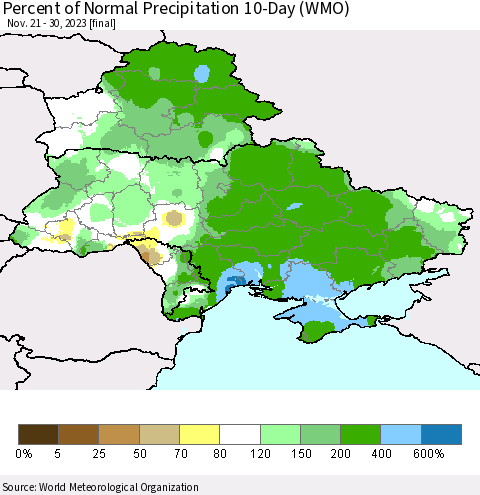 Ukraine, Moldova and Belarus Percent of Normal Precipitation 10-Day (WMO) Thematic Map For 11/21/2023 - 11/30/2023