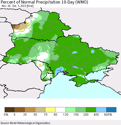 Ukraine, Moldova and Belarus Percent of Normal Precipitation 10-Day (WMO) Thematic Map For 11/26/2023 - 12/5/2023