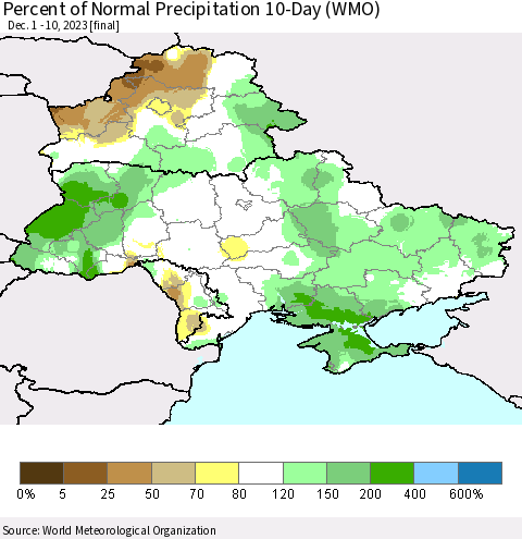 Ukraine, Moldova and Belarus Percent of Normal Precipitation 10-Day (WMO) Thematic Map For 12/1/2023 - 12/10/2023