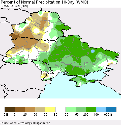Ukraine, Moldova and Belarus Percent of Normal Precipitation 10-Day (WMO) Thematic Map For 12/6/2023 - 12/15/2023