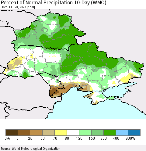 Ukraine, Moldova and Belarus Percent of Normal Precipitation 10-Day (WMO) Thematic Map For 12/11/2023 - 12/20/2023