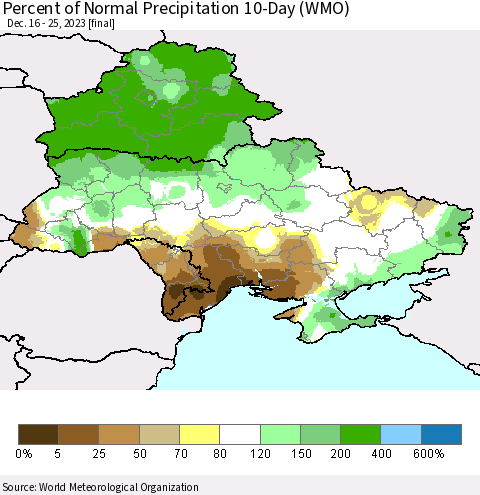 Ukraine, Moldova and Belarus Percent of Normal Precipitation 10-Day (WMO) Thematic Map For 12/16/2023 - 12/25/2023