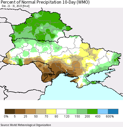 Ukraine, Moldova and Belarus Percent of Normal Precipitation 10-Day (WMO) Thematic Map For 12/21/2023 - 12/31/2023